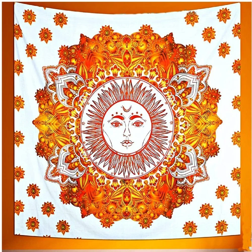 BRAND NEW Queen Size Large COTTON Cosmic Sun Stars Orange Gold Boho Tapestry